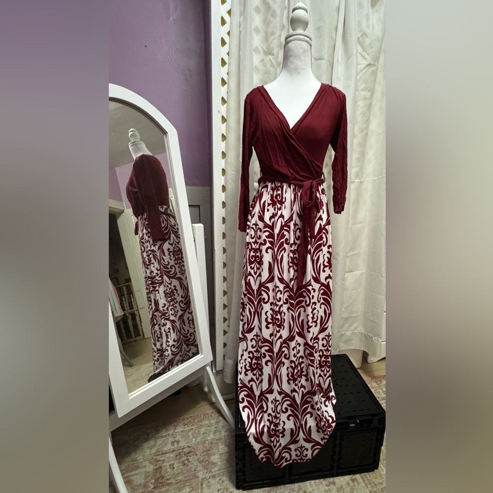 Fashionomics Wine Wrap Maxi Dress with White Patterned Skirt